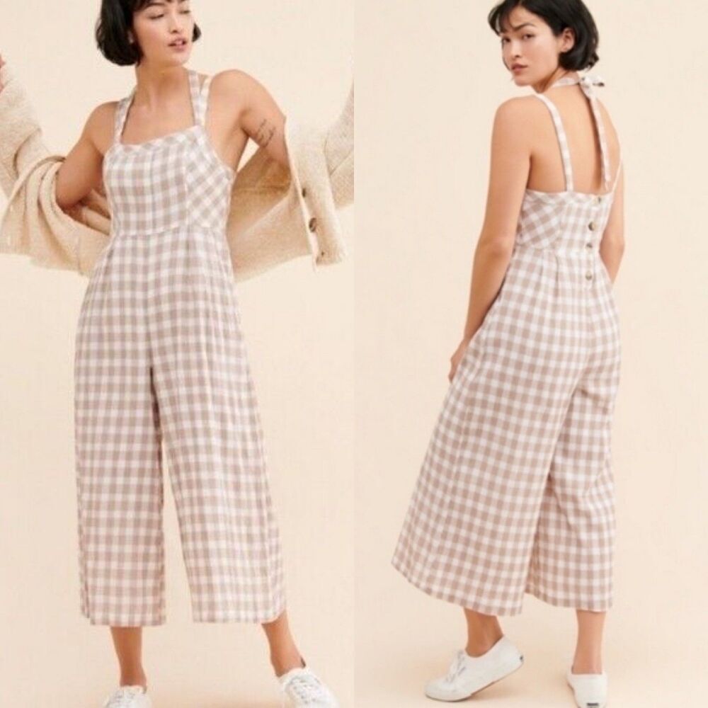 Free People Women's Size 0 Zuzu Seesucker Crop Wide Leg Plaid Cotton Jumpsuit